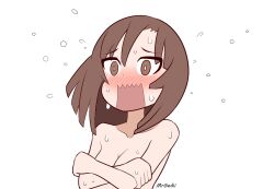 Rule 34 | 1girl, artist name, blush, breasts, brown eyes, brown hair, covering breasts, covering privates, crossed arms, embarrassed, highres, kitanaga, looking at viewer, medium breasts, mrgedii, nude, open mouth, panicking, short hair, shouting, solo, sweat, ueno-san wa bukiyou
