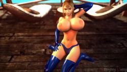 Rule 34 | 1girl, 20s, 3d, almightypatty, animated, arm behind head, artist name, blonde hair, blue eyes, blue gloves, blue legwear, blue shorts, bouncing, bouncing breasts, breasts, cleavage, unworn clothes, deck chair, elbow gloves, female focus, flexing, front-tie top, gloves, hair between eyes, hand on thigh, huge breasts, kneeling, large areolae, long hair, looking at viewer, metroid, midriff, navel, nintendo, nipples, outdoors, pec flex, ponytail, samus aran, shorts, sidelocks, sitting, solo, teasing, thighhighs, topless, uncensored, video, virt-a-mate, water, wooden deck