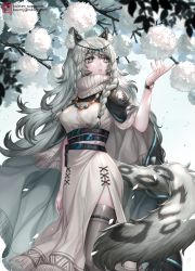 Rule 34 | 1girl, animal ear fluff, animal ears, arknights, arm at side, badge, bead necklace, beads, belt, blurry, box (hotpppink), braid, branch, breasts, cape, day, depth of field, dress, feet out of frame, fringe trim, grey eyes, grey thighhighs, hair between eyes, jewelry, large breasts, leopard ears, leopard tail, long hair, looking away, looking to the side, necklace, parted lips, petals, pramanix (arknights), reaching, side braids, side slit, solo, standing, tail, thighhighs, turtleneck, twin braids, twitter username, very long hair, watch, white dress, white hair, wristwatch