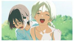 Rule 34 | 2girls, :d, ^ ^, blurry, blurry background, brown hair, camisole, closed eyes, cropped torso, grey hair, hand on another&#039;s shoulder, highres, kamo kamen, laughing, multiple girls, open mouth, original, shirt, smile, tree, water drop, white camisole, white shirt