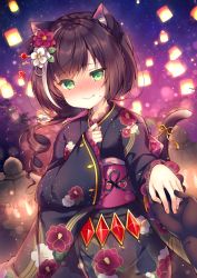 Rule 34 | 1girl, animal ear fluff, animal ears, black gloves, black hair, black kimono, blush, braid, cat ears, cat girl, cat tail, closed mouth, fang, fang out, fingernails, floral print, flower, frilled sleeves, frills, gloves, green eyes, hair between eyes, hair flower, hair ornament, hatsumoude, highres, japanese clothes, karyl (new year) (princess connect!), karyl (princess connect!), kimono, lantern, long hair, long sleeves, looking at viewer, multicolored hair, new year, night, night sky, nose blush, obi, out of frame, outdoors, princess connect!, print kimono, red flower, ribbon, ringlets, sash, sky, sleeves past wrists, solo focus, star (sky), starry sky, streaked hair, suzunone rena, sweat, tail, tail ornament, tail raised, tail ribbon, textless version, wavy mouth, white flower, white hair, wide sleeves, yellow ribbon