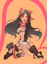 Rule 34 | 1girl, absurdres, belt, black hair, black thighhighs, blue gemstone, boots, unworn boots, bow, breasts, brooch, choker, condom, condom packet strip, condom wrapper, covered erect nipples, cum, cumdrip, cx4 storm (girls&#039; frontline), fang, fingernails, full body, garter belt, garter straps, gem, girls&#039; frontline, hair bow, hair strand, highres, hip focus, invisible floor, jewelry, kneeling, knees, leather, leather boots, legs, line3reak, lips, long hair, looking to the side, messy hair, midriff, nail polish, navel, no panties, open belt, open mouth, orange background, pink nails, pouch, red bow, red eyes, revealing clothes, shirt, skirt, smile, solo, spread legs, sweat, thigh strap, thighhighs, thighs, torn clothes, torn shirt, torn skirt, torn thighhighs, underboob, very long hair, white shirt