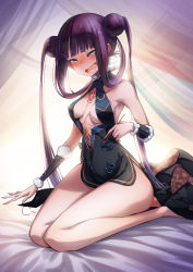 Rule 34 | 1girl, arm warmers, backlighting, bare hips, bare shoulders, bed sheet, black dress, black footwear, blue eyes, blunt bangs, blush, breasts, center opening, cluseller, collarbone, curtains, double bun, dress, ear blush, fate/grand order, fate (series), female focus, floral print, full body, fur collar, fur trim, hair bun, hair rings, half-closed eyes, hand up, happy, high heels, highres, holding, kneeling, lap pillow invitation, long hair, looking at viewer, medium breasts, nose blush, open mouth, purple hair, revealing clothes, ribs, seiza, shoes, short dress, side slit, sitting, sleeveless, sleeveless dress, smile, solo, teeth, twintails, wide hips, yang guifei (fate), yang guifei (first ascension) (fate)