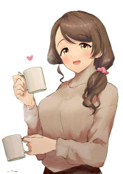 Rule 34 | 1girl, :d, bad id, bad pixiv id, breasts, brown hair, coffee mug, cup, hair ornament, hair scrunchie, heart, highres, holding, holding cup, idolmaster, idolmaster cinderella girls, large breasts, looking at viewer, mochida arisa, mug, open mouth, sanpo (sanpo 1027), scrunchie, side ponytail, simple background, smile, solo, swept bangs, upper body, wavy hair, white background