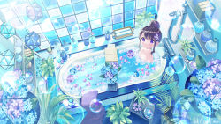 Rule 34 | 1girl, bath, bathing, bathtub, black hair, blue flower, blue theme, book, bubble, closed mouth, collarbone, commentary request, flower, flower on liquid, from above, hair between eyes, hair bun, hair flower, hair ornament, highres, hydrangea, ikari (aor3507), looking at viewer, looking up, nude, open book, original, partially submerged, petals, petals on liquid, purple eyes, purple flower, shelf, sidelocks, sitting, smile, soap bubbles, solo, twitter username, water, window