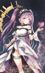 Rule 34 | 1girl, bad id, bad pixiv id, bangle, blush, bracelet, breasts, collarbone, commentary request, dress, euryale (fate), fate/hollow ataraxia, fate (series), frilled dress, frilled hairband, frills, hairband, hand up, heart, highres, jewelry, long hair, looking at viewer, medium breasts, melings (aot2846), parted lips, purple eyes, purple hair, ribbon-trimmed hairband, ribbon trim, sidelocks, smile, solo, strapless, strapless dress, twintails, very long hair, white dress, white hairband