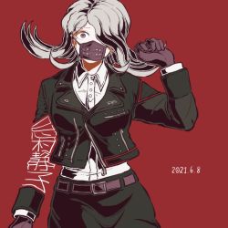 Rule 34 | 1girl, belt, black gloves, black jacket, black skirt, collared shirt, commentary request, cowboy shot, danganronpa (series), danganronpa 3 (anime), dated, dress shirt, flipped hair, formal, gloves, hair over one eye, hand up, jacket, kimura seiko, kiri (2htkz), long hair, long sleeves, looking at viewer, mask, mouth mask, pencil skirt, red background, shirt, silver hair, simple background, skirt, smile, solo, surgical mask, translation request, white shirt