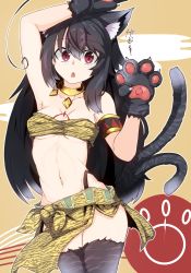 Rule 34 | 1girl, :o, ahoge, animal ear fluff, animal ears, animal hands, animal print, arm up, armpits, black hair, black panties, breasts, cat ears, cat girl, cat tail, chinese zodiac, gloves, hair between eyes, hand up, high-waist panties, highres, jewelry, long hair, looking at viewer, medium breasts, multiple tails, navel, necklace, ocha no mae, original, panties, paw gloves, red eyes, simple background, solo, tail, tail raised, thighhighs, tiger print, tiger stripes, underwear, year of the tiger