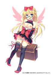 Rule 34 | 1girl, bare shoulders, blonde hair, bra, bra pull, breasts, breasts out, clothes lift, clothes pull, corset, cross-laced clothes, cross-laced footwear, daibouken! yukeyuke osawari island, elbow gloves, full body, glasses, gloves, green eyes, high heels, holding, holding behind back, long hair, nipples, ochinsama, official art, original, panties, panty pull, shirt lift, simple background, solo, sparkle, suitcase, thighhighs, underwear, watermark, white background, white bra, white panties, wings, zettai ryouiki