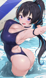 Rule 34 | 1girl, armpits, ass, bare shoulders, black hair, blue hair, blue one-piece swimsuit, blush, breasts, cleavage, highres, huge ass, joptr06, large breasts, leotard, long hair, looking at viewer, looking up, multicolored hair, one-piece swimsuit, open mouth, original, ponytail, purple eyes, shiny clothes, shiny skin, smile, solo, swimsuit, thong, thong leotard, two-tone hair, very long hair, wading