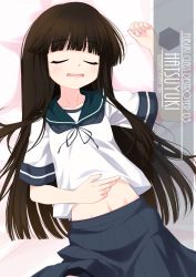 Rule 34 | 1girl, artist name, black hair, blue sailor collar, blue skirt, blunt bangs, character name, closed eyes, collared shirt, commentary request, cowboy shot, hatsuyuki (kancolle), highres, hime cut, inaba shiki, kantai collection, long hair, looking at viewer, lying, navel, neckerchief, one-hour drawing challenge, open mouth, pleated skirt, sailor collar, school uniform, serafuku, shirt, skirt, solo
