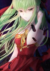Rule 34 | 1girl, absurdres, adjusting hair, bare arms, black feathers, budgiepon, c.c., character request, code geass, collarbone, cosplay, dress, feathers, floating hair, green hair, hair between eyes, highres, long hair, parted lips, red dress, solo, strapless, strapless dress, very long hair, yellow eyes