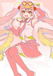 Rule 34 | 1girl, absurdres, ahoge, blonde hair, boots, cherry hair ornament, clover-shaped pupils, eyewear on head, food-themed hair ornament, frilled shirt, frills, gradient hair, hair ornament, hatsune miku, highres, multicolored hair, navel, pink footwear, pink hair, pink skirt, sakuhana87, sakura miku, shirt, skirt, smile, solo, sunglasses, symbol-shaped pupils, thigh boots, vocaloid