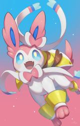 Rule 34 | :d, absurdres, blue eyes, bow, commentary, creatures (company), fangs, game freak, gen 6 pokemon, gradient background, happy, highres, nintendo, no humans, nullma, open mouth, pokemon, pokemon (creature), pokemon unite, smile, solo, sylveon, toes, tongue