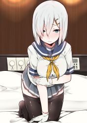 Rule 34 | 10s, 1girl, absurdres, bed, breasts, clothes pull, gloves, green eyes, hair ornament, hairclip, hamakaze (kancolle), highres, kantai collection, large breasts, mitsudoue, on bed, pantyhose, pantyhose pull, school uniform, serafuku, short hair, skirt, solo, white gloves, white hair