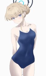 Rule 34 | 1girl, arms behind back, blonde hair, blue archive, blue eyes, blue one-piece swimsuit, blush, breasts, cleavage, competition swimsuit, expressionless, hair bun, halo, highres, kuu (user gngs5284), looking at viewer, medium breasts, one-piece swimsuit, simple background, solo, swimsuit, toki (blue archive), white background