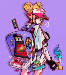 Rule 34 | 1girl, backpack, bag, bandaid, bandaid on leg, black gloves, blonde hair, blouse, blue fire, blue shorts, bub (bubble bobble), bubble bobble, copyright name, cowboy shot, crisalys, double bun, fatal fury, fingerless gloves, fire, from behind, gloves, hair bun, highres, holding, holding lighter, lighter, long sleeves, looking at viewer, looking back, neo geo, original, purple background, shadow, shirt, shorts, simple background, snk, solo, taito, white shirt