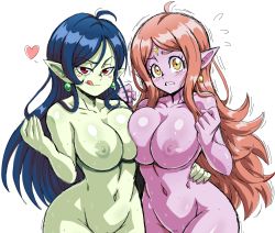 Rule 34 | 2girls, ahoge, blue hair, blush, breast press, breasts, chronoa, colored nipples, colored skin, commission, commissioner upload, dragon ball, dragon ball heroes, earrings, green nipples, green skin, hand on own hip, jewelry, large breasts, lewdamone, light brown hair, long hair, looking at viewer, multiple girls, nipples, no bra, no panties, nude, out-of-frame censoring, pink skin, pointy ears, pussy, pussy peek, red eyes, robelu, simple background, smile, standing, supreme kai of time, symmetrical docking, thick thighs, thighs, tongue, tongue out, white background, yellow eyes