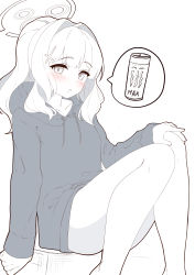 Rule 34 | 1girl, :o, absurdres, blue archive, blush, can, commentary request, drawstring, energy drink, feet out of frame, hair intakes, hair ornament, halo, hand on own knee, hare (blue archive), highres, hood, hood down, hoodie, long hair, long sleeves, looking at viewer, monochrome, monster energy, moyoron, parted lips, ponytail, simple background, sleeves past wrists, solo, spot color, white background