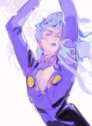 Rule 34 | 1boy, arms up, bishounen, black pants, blue hair, blue lips, cherry blossoms, cleavage cutout, closed eyes, closed mouth, clothing cutout, collared shirt, cowboy shot, curly hair, earrings, expressionless, eyeshadow, flower, giorno giovanna, hair lift, heart cutout, highres, jewelry, jojo no kimyou na bouken, lipstick, long hair, makeup, male focus, multicolored hair, pants, pbkaon, pectoral cleavage, pectorals, pink flower, purple eyeshadow, purple shirt, shirt, simple background, solo, streaked hair, stud earrings, white background, white hair, wind, wind lift
