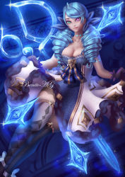 Rule 34 | 1girl, absurdres, black gloves, blue dress, blue eyes, blue hair, breasts, cleavage, clothes pull, crossed legs, curvy, dress, dress pull, drill hair, eyebrows hidden by hair, full body, gloves, grey background, gwen (league of legends), highres, holding, holding scissors, huge breasts, juliet sleeves, league of legends, long hair, long sleeves, looking at viewer, medium hair, over shoulder, oversized object, puffy sleeves, scissors, single thighhigh, solo, standing, stitched neck, stitches, thick thighs, thighhighs, thighs, twin drills