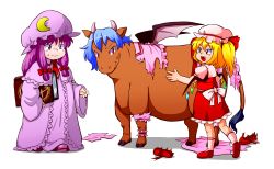 Rule 34 | 2girls, absurdres, animalization, blonde hair, blue hair, book, cow, dress, flandre scarlet, hair ribbon, hat, highres, hooves, multiple girls, nazotyu, nazotyu2go, patchouli knowledge, purple dress, purple eyes, purple hair, red dress, red eyes, red footwear, remilia scarlet, ribbon, shadow, shoes, short hair, side ponytail, simple background, socks, sweat, sweatdrop, tail, torn clothes, touhou, transparent background, white background, wings, wrist cuffs