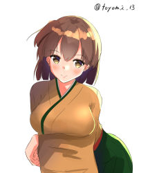 Rule 34 | 1girl, blush, breasts, brown eyes, brown hair, cowboy shot, green hakama, hakama, hakama skirt, hiryuu (kancolle), japanese clothes, kantai collection, kimono, large breasts, looking at viewer, one-hour drawing challenge, one side up, short hair, simple background, skirt, smile, solo, toyomi 13, twitter username, white background, yellow kimono