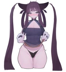 Rule 34 | 1girl, absurdres, bare shoulders, black panties, blue eyes, breasts, cleavage, cleavage cutout, clothing cutout, double v, embarrassed, fate/grand order, fate (series), folded fan, folding fan, fur trim, gradient background, hair rings, hand fan, highres, lifting own clothes, long hair, panties, purple hair, rabbit (wlsdnjs950), simple background, solo, sweat, thighs, twintails, underwear, v, very long hair, yang guifei (fate), yang guifei (second ascension) (fate)