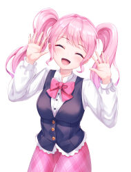Rule 34 | 1girl, :d, ^ ^, bad id, bad pixiv id, bang dream!, blue vest, blush, bow, bowtie, closed eyes, facing viewer, hands up, highres, long hair, long sleeves, lunacle, maruyama aya, open mouth, pink bow, pink bowtie, pink hair, pink skirt, plaid, plaid skirt, shirt, sidelocks, simple background, skirt, smile, solo, vest, white background, white shirt