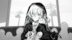 Rule 34 | 1girl, absurdres, collared shirt, commentary, digital media player, expressionless, greyscale, hair between eyes, hair ornament, highres, hood, hood up, hoodie, inabakumori, isekai joucho, isekai joucho (artist), kamitsubaki studio, knees up, lag train (vocaloid), long hair, looking at viewer, monochrome, multicolored hair, neck ribbon, parted lips, power lines, ribbon, seat, shirt, sitting, train interior, transformer, two-tone hair, utility pole, virtual youtuber, vocaloid