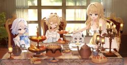 Rule 34 | 4girls, ahoge, blonde hair, blue eyes, bread, breasts, cake, candle, candlestand, cleavage, closed eyes, closed mouth, cup, day, dress, eating, egg (food), food, fork, furina (genshin impact), genshin impact, grey eyes, hair intakes, holding, holding cup, holding fork, holding plate, indoors, large breasts, long hair, lumine (genshin impact), medium hair, miyako draw, multiple girls, navia (genshin impact), open mouth, paimon (genshin impact), plate, sitting, sleeping, smile, spilling, standing, table, teacup, white dress, white hair