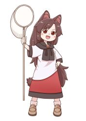 Rule 34 | 1girl, :d, animal ears, brown eyes, brown footwear, brown hair, commentary, dress, full body, hand on own hip, imaizumi kagerou, long hair, looking at viewer, open mouth, poronegi, red dress, short sleeves, smile, solo, standing, touhou, v-shaped eyebrows, white dress, wolf ears, wolf girl