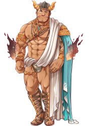 Rule 34 | 1boy, 2bombom, abs, ancient greek clothes, bara, beard, belt, brown eyes, bulge, cape, dagon (housamo), facial hair, full body, greco-roman clothes, grey hair, horns, jewelry, large pectorals, long sideburns, looking at viewer, male focus, male underwear, manly, muscular, navel, nipples, official art, one eye closed, open clothes, pectorals, revealing clothes, ring, sideburns, simple background, smile, solo, sparkle, tokyo houkago summoners, transparent background, underwear