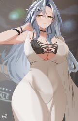 Rule 34 | 1girl, :3, absurdres, arm at side, azur lane, black bra, black choker, blurry, blurry background, bra, bracelet, breasts, chkalov (azur lane), choker, cleavage, closed mouth, commission, covered navel, dress, grey hair, hair between eyes, hair ornament, hand in own hair, highres, jewelry, large breasts, long hair, looking at viewer, parted bangs, riflech, sidelocks, single bare arm, smile, solo, standing, star (symbol), star hair ornament, underwear, white dress, yellow eyes