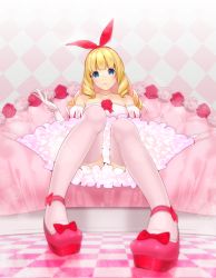 Rule 34 | 1girl, ama mitsuki, bare shoulders, blonde hair, blue eyes, breasts, checkered floor, detached sleeves, drill hair, flower, gloves, hairband, highres, long hair, looking at viewer, medium breasts, original, parted lips, pink footwear, puff and slash sleeves, puffy detached sleeves, puffy sleeves, shoes, sitting, solo, thighhighs, twin drills