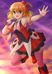 Rule 34 | 10s, 1girl, blonde hair, dress, freyja wion, green eyes, hair ornament, heart, highres, kazenokaze, looking at viewer, macross, macross delta, microphone, multicolored hair, open mouth, outstretched arm, short hair, smile, solo, thighhighs