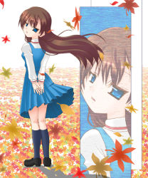 Rule 34 | 00s, 1girl, :d, arms behind back, autumn leaves, blue dress, blue eyes, blush, dress, full body, loafers, long hair, long sleeves, looking at viewer, open mouth, own hands together, parted lips, ponytail, school uniform, serafuku, shirt, shoes, smile, solo, standing, true tears, v arms, very long hair, white shirt, yuasa hiromi, zoom layer