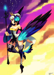 Rule 34 | 1girl, alex ahad, armor, armored dress, bare shoulders, black eyes, blue eyes, boots, breasts, choker, cleavage, corset, crown, detached sleeves, dress, full body, greaves, gwendolyn (odin sphere), hair bun, hair ornament, highres, large breasts, leg wings, low wings, multicolored wings, odin sphere, polearm, pteruges, short hair, single hair bun, solo, spear, staff, standing, standing on one leg, strapless, strapless dress, thigh boots, thighhighs, tiptoes, valkyrie, weapon, white hair, wings