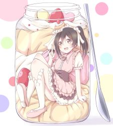 Rule 34 | 10s, 1girl, black hair, cake, chiro, dress, female focus, food, headphones, love live!, love live! school idol festival, love live! school idol project, person in container, pink eyes, ribbon, solo, sweets, twintails, yazawa nico