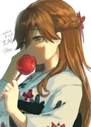 Rule 34 | 1girl, absurdres, arashio (kancolle), braid, brown eyes, brown hair, candy apple, character name, dated, food, hair between eyes, highres, holding, holding food, japanese clothes, kantai collection, kimono, long hair, long sleeves, obi, one-hour drawing challenge, open mouth, print kimono, rom (rommmoon), sash, signature, simple background, solo, white background, white kimono, wide sleeves