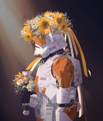 Rule 34 | animification, armor, artist name, clone trooper, cobalt beam, cody (star wars), energy sword, flower, helmet, highres, holding, holding weapon, lightsaber, looking down, ornament, plant, standing, star wars, sunflower, sword, weapon, white flower, yellow flower, yellow theme
