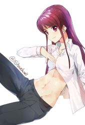 Rule 34 | 1girl, abs, aikatsu!, aikatsu! (series), bad id, bad pixiv id, blouse, brown hair, commentary request, crossdressing, long hair, long sleeves, looking at viewer, midriff, navel, pants, purple eyes, shibuki ran, shirt, shovelwell, simple background, smirk, solo, twitter username, unbuttoned, unbuttoned shirt, white background, white shirt