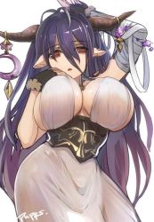 Rule 34 | 10s, 1girl, antenna hair, artist name, black gloves, black hair, blush, breasts, cleavage, danua, draph, dress, female focus, fingerless gloves, gloves, granblue fantasy, horn ornament, horns, jewelry, large breasts, long hair, looking at viewer, necklace, open mouth, pointy ears, pupps, red eyes, simple background, solo