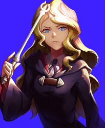 Rule 34 | 10s, 1girl, blonde hair, blue background, blue eyes, diana cavendish, holding, holding wand, little witch academia, long hair, looking at viewer, mool yueguang, simple background, solo, upper body, wand
