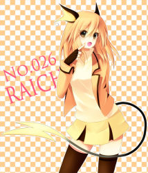 Rule 34 | 1girl, animal ears, aporo, arm behind back, bad id, bad nicoseiga id, black thighhighs, brown eyes, character name, checkered background, creatures (company), finger to mouth, game freak, gen 1 pokemon, looking at viewer, nintendo, open mouth, orange hair, personification, pokemon, raichu, short hair, skirt, solo, tail, thighhighs, zettai ryouiki
