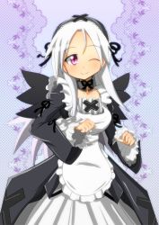 Rule 34 | 00s, 1girl, apron, bow, breasts, female focus, frills, hairband, highres, long hair, maokyu, pink eyes, rozen maiden, smile, solo, suigintou, white hair, wings, wink