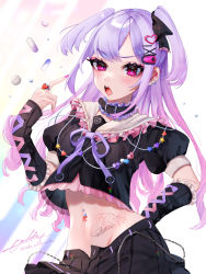 Rule 34 | &gt; o, 1girl, absurdres, angry, animal collar, bead necklace, beads, blush, chain belt, charm (object), collar, crop top, cross-laced clothes, cross-laced gloves, dress, earrings, elbow gloves, frilled collar, frilled gloves, frills, gloves, gradient hair, hair ornament, hair ribbon, hairclip, hakurokku, hand on own hip, highres, jewelry, long hair, looking at viewer, miniskirt, multicolored hair, multiple earrings, narrowed eyes, navel, navel piercing, neck ribbon, necklace, o-ring, one eye closed, open clothes, original, piercing, pill, pink eyes, pink hair, pleated skirt, pointing, pointing at self, puffy short sleeves, puffy sleeves, purple dress, ribbon, ring, sailor collar, short sleeves, short twintails, signature, skirt, solo, stomach tattoo, tattoo, twintails, two-tone hair, unbuttoned skirt, v-shaped eyebrows, wavy eyes, wing tattoo