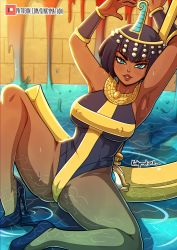 Rule 34 | 1girl, armpits, arms up, black hair, blue eyes, bob cut, cameltoe, circlet, covered erect nipples, dark-skinned female, dark skin, egyptian clothes, eliza (skullgirls), female focus, high heels, highres, jewelry, kinkymation, necklace, one-piece swimsuit, open mouth, partially submerged, short hair, sitting, skullgirls, smile, solo, swimsuit, wet, wrist guards