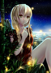 1girl absurdres bad_id bad_pixiv_id bamboo blonde_hair clouble copyright_request female_focus fireflies highres night solo yellow_eyes