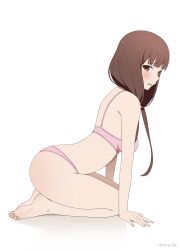 Rule 34 | 1girl, arched back, arm support, bare arms, bare legs, barefoot, blunt bangs, blush, bra, breasts, brown eyes, brown hair, coro fae, embarrassed, feet, fingernails, from side, highres, iino miko, kaguya-sama wa kokurasetai ~tensai-tachi no renai zunousen~, leaning forward, light blush, long hair, low twintails, medium breasts, nail polish, paid reward available, panties, parted lips, pink bra, pink nails, pink panties, seiza, simple background, sitting, soles, solo, tearing up, thighs, toes, twintails, twitter username, underwear, underwear only, white background